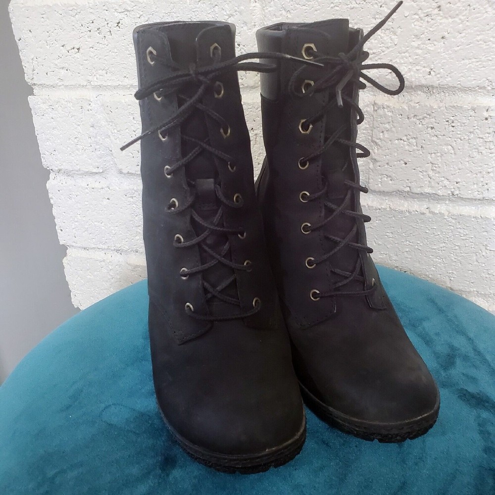 Timberland Boots Womens 7.5 Glancy Black Ortholite 3 Inch Heel Lace Up Leather